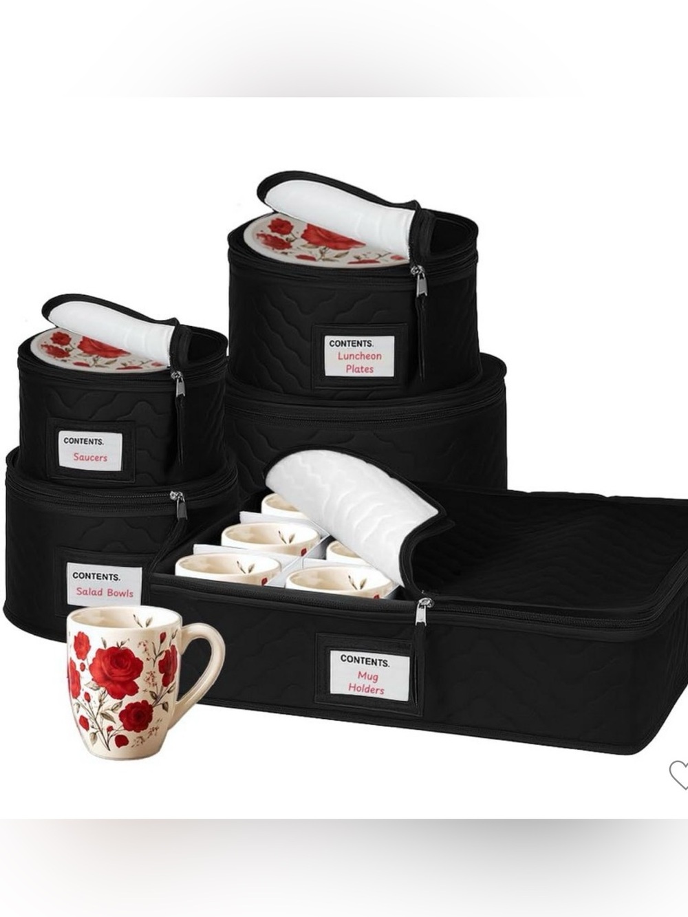 Black Quilted Soft Shell China Storage Set of 5. New!